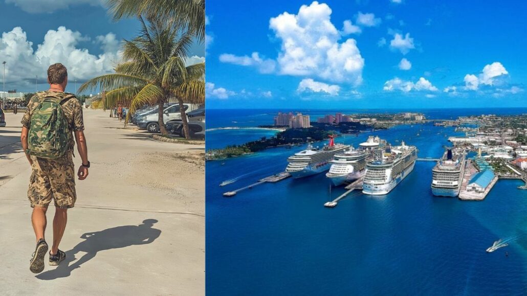 A person in camouflage attire walks near a palm tree and parked cars; adjacent is a view of five docked Carnival cruise ships and a scenic Caribbean coastal city under a clear blue sky.