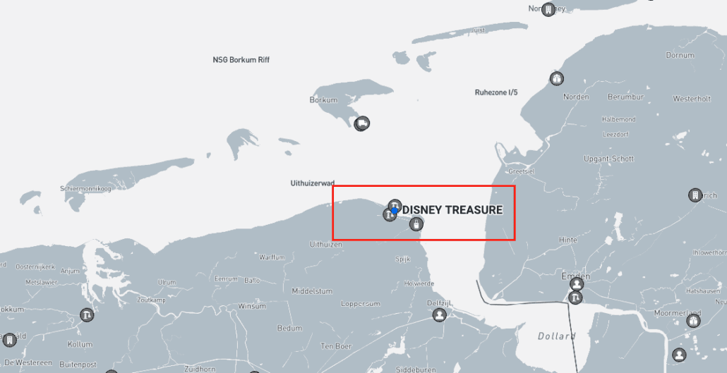 A map showcasing the coastal area near Uithuizen reveals the location of the Disney Treasure, complete with labeled nearby cities and regions.