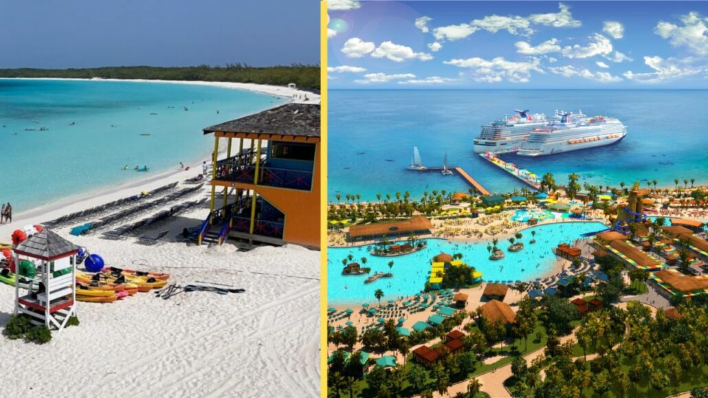 Split image: On the left, a serene beach with turquoise waters, lifeguard tower, and water sports equipment. On the right, an aerial view of Celebration Key's crowded beach resort with pools, greenery, and docked cruise ships.