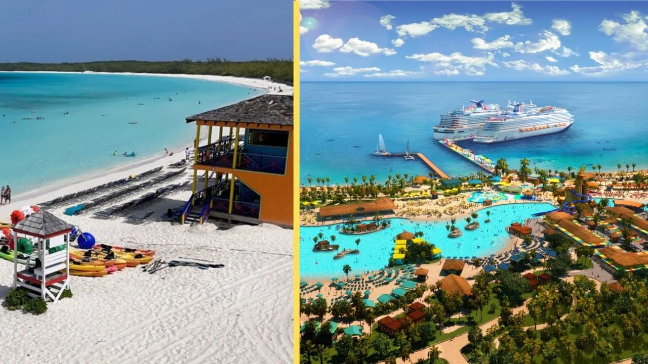 Split image: On the left, a serene beach with turquoise waters, lifeguard tower, and water sports equipment. On the right, an aerial view of Celebration Key's crowded beach resort with pools, greenery, and docked cruise ships.