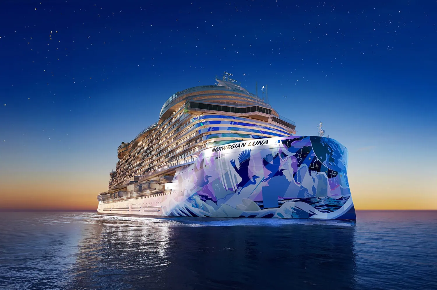A large, illuminated cruise ship named "Norwegian Luna" sails on calm waters at twilight with a clear, starry sky in the background. The Norwegian Luna features vibrant artwork on its bow. RENDERING