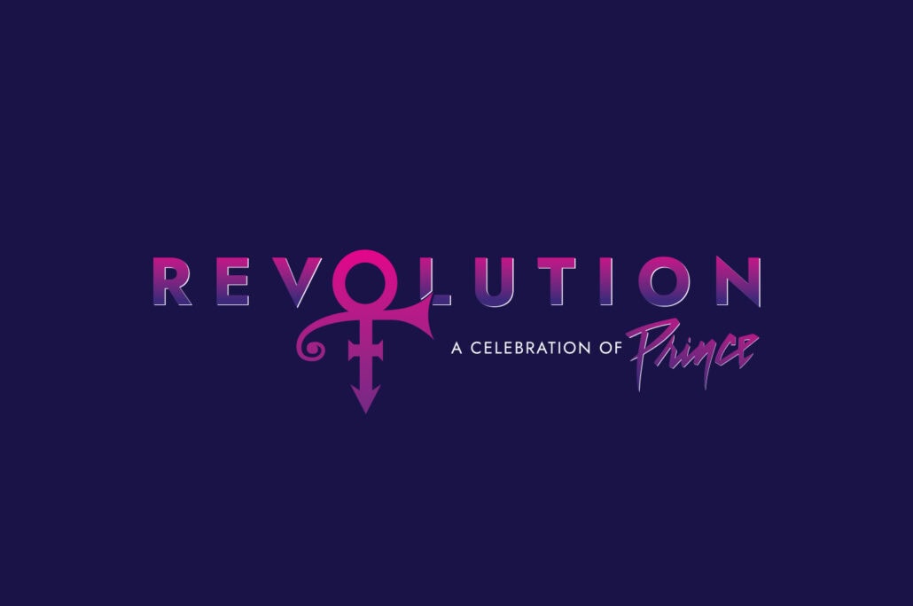Dark background with the word "REVOLUTION" in gradient pink to purple letters, featuring a gender symbol with an arrow and cross replacing the "V," alongside the text "A CELEBRATION OF Prince" below. Inspired by Norwegian Luna's artistry.