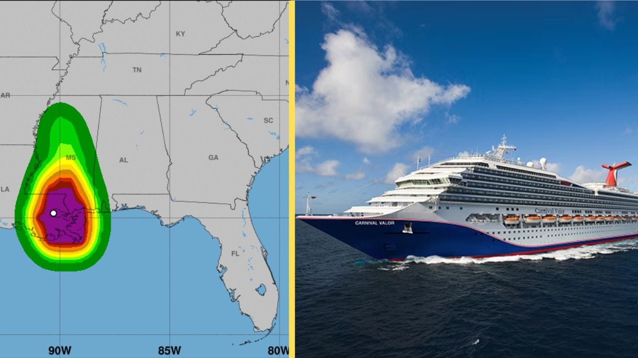 Split image: Left shows a weather map with colored zones over Louisiana, indicating a storm. Right shows the Carnival Valor sailing under a blue sky after the port reopens.