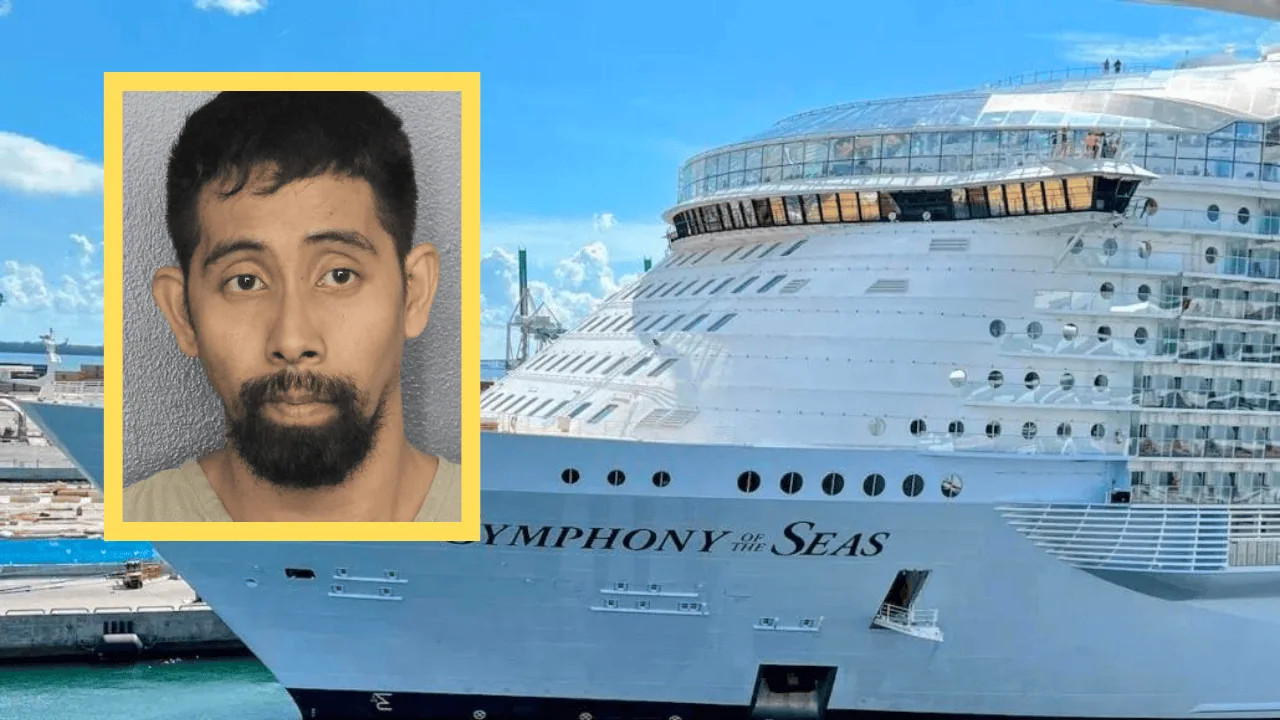 A Royal Caribbean employee is shown in an inset image overlaid on a photo of the cruise ship named "Symphony of the Seas" docked at a port.