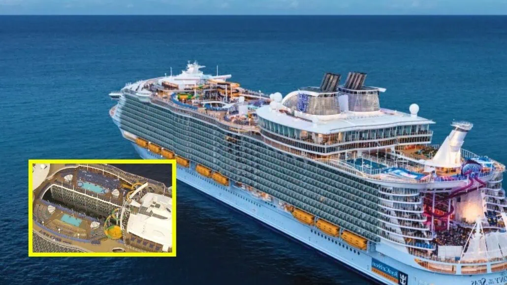The Harmony of the Seas, a large cruise ship, sails through the fall ocean. The inset image provides an overhead view of the ship's pool area with loungers and associated amenities.