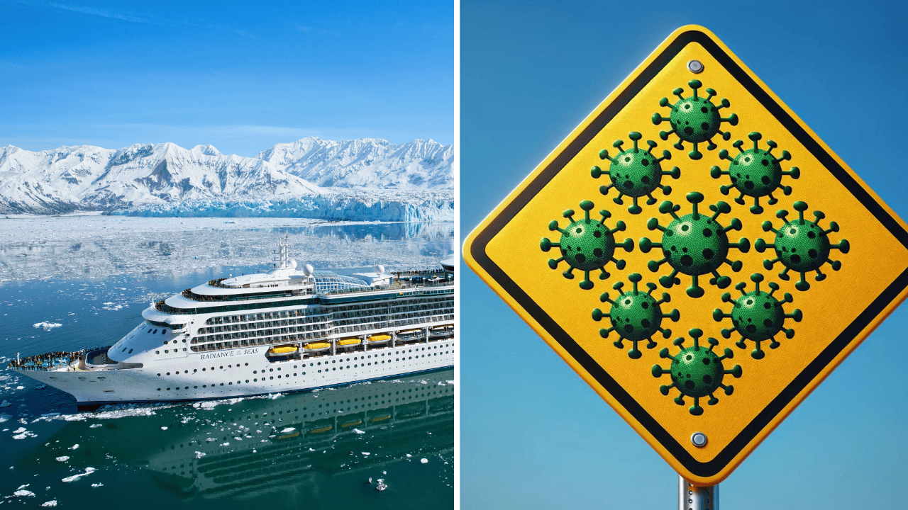 A photo divided into two parts: on the left, a large Royal Caribbean vessel sails in icy waters with snow-capped mountains in the background; on the right, a yellow traffic sign displays several virus icons, resembling COVID-19 symbols, against a clear blue sky.