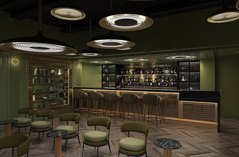 Modern bar interior with sleek, dark design featuring green walls, shelves with books, round tables, green seats, and circular overhead lights. The bar counter boasts stools and a variety of bottles in the background. Soft waves of Norwegian Aqua play harmoniously, setting a tranquil atmosphere.