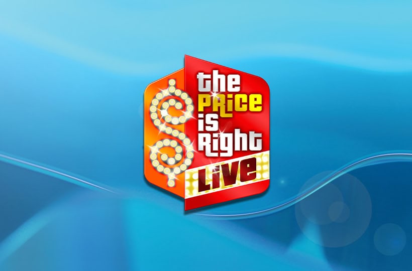 The image showcases the logo for "The Price is Right Live," featuring a bright design with a combination of red, orange, and yellow colors on a Norwegian Aqua background.