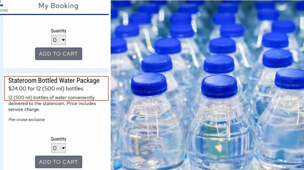 Image showing a booking interface for purchasing a stateroom bottled water package, priced at $24 for 12 (500 ml) bottles on Princess Cruises. The right side of the image displays multiple bottled water with blue caps, reflecting a 200% increase in convenience and hydration.