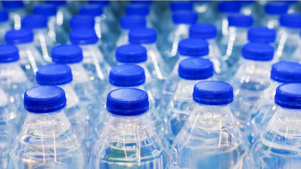 A group of clear plastic water bottles with blue caps, bearing the Princess Cruises logo, arranged in rows.