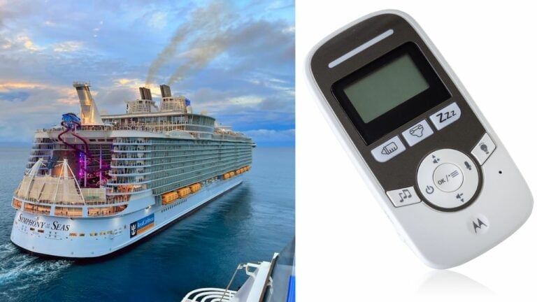 The image shows a large Royal Caribbean cruise ship, Symphony of the Seas, on the left side and a Motorola baby monitor device on the right side. The ship is in the ocean under a cloudy sky, while the baby monitor features a small screen and various buttons.