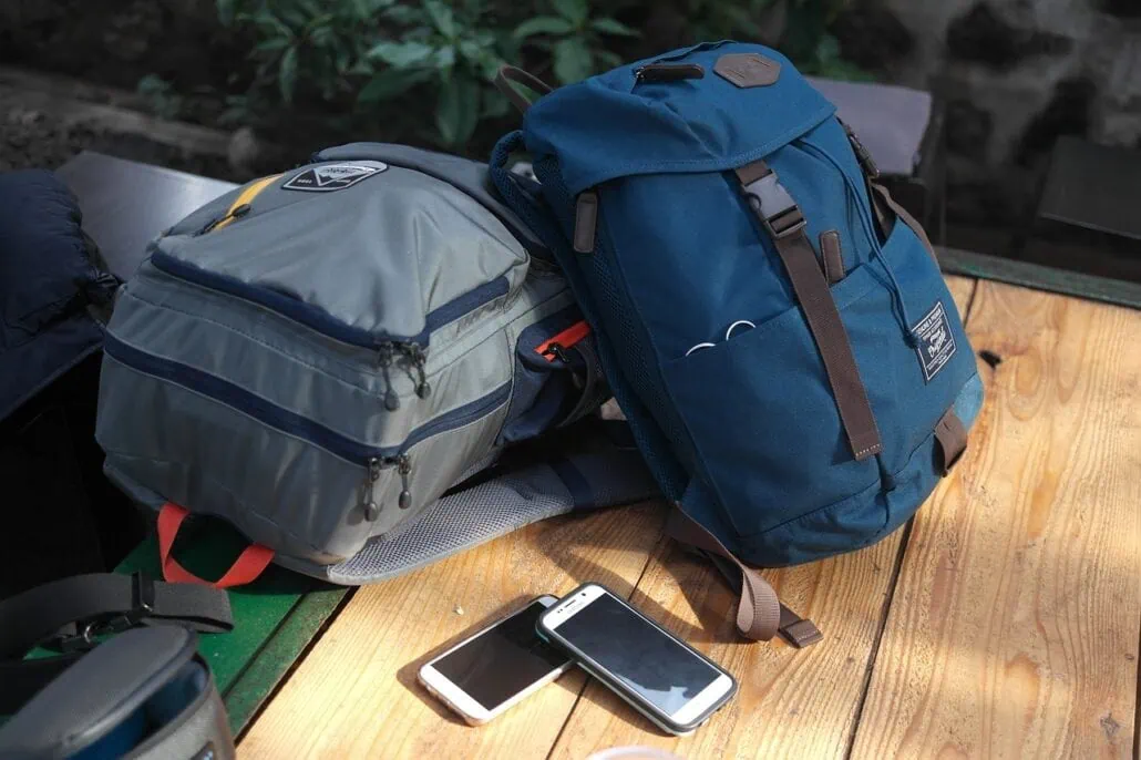 Two backpacks, one gray and one blue, rest on a wooden table with two smartphones parked in front. In the background, a green plant adds a pop of freshness—perfect gear for young cruisers gathering travel tips for their next adventure.