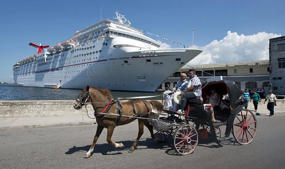 A horse-drawn carriage with passengers travels on a road beside a large docked cruise ship under the clear blue sky of Havana Docks. Other people are visible walking nearby, with a picturesque waterfront scene in the background.