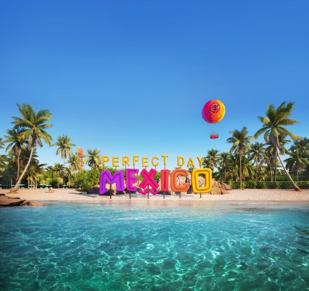 A beach scene features a colorful sign reading "Perfect Day Mexico" surrounded by palm trees. A hot air balloon is in the sky above the beach. The foreground shows clear blue water under a bright blue sky.