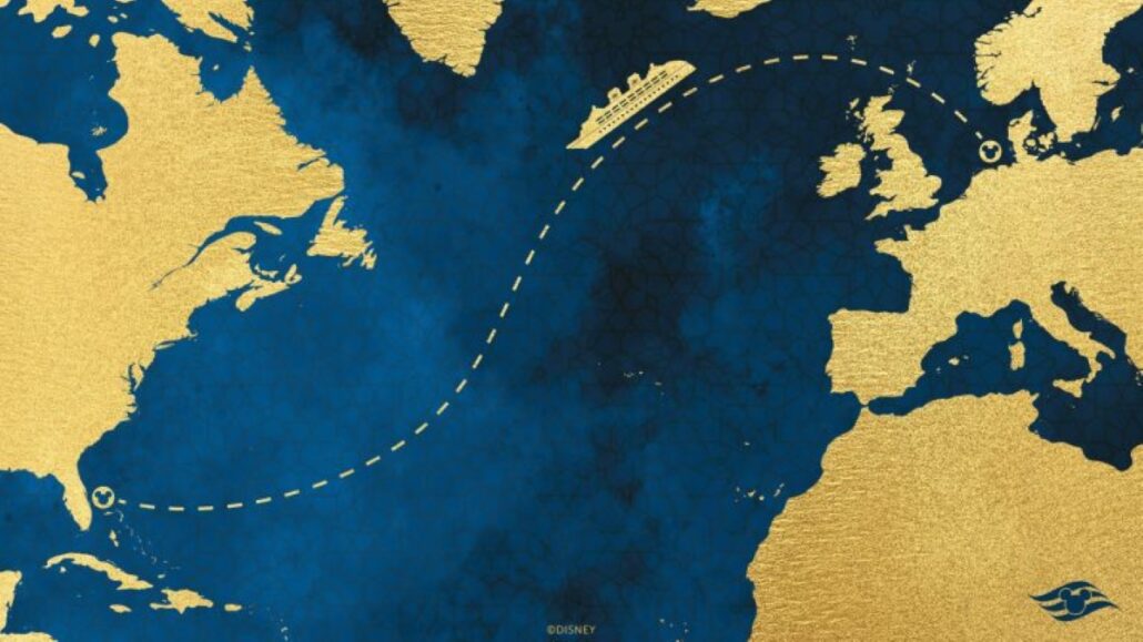 A stylized map in blue and gold showcases the Disney Treasure's cruise ship route across the Atlantic Ocean. The journey begins in southern Europe, moves westward, and concludes with a December debut in Florida. The map beautifully highlights continents and oceanic patterns.