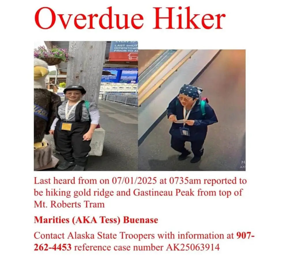 A missing person poster with two photos of a woman in hiking clothes and backpack, last seen July 1, 2025, in the Mt. Roberts area—a reminder that outdoor adventures are among the many things to do on a cruise in Alaska. Contact Alaska State Troopers.
