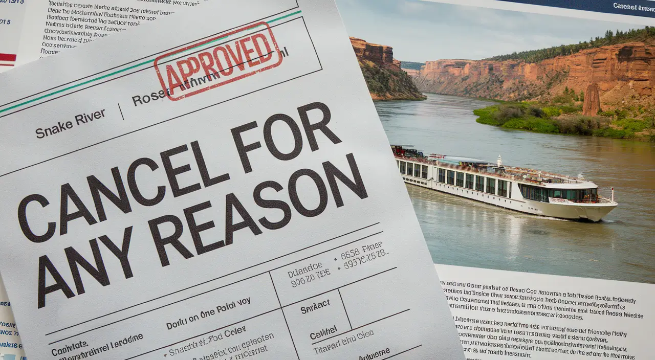 A document boasting "Cancel for Any Reason" in bold text and an "Approved" stamp sits beside a scenic photograph of a river, featuring a cruise ship navigating past towering cliffs. Below the bold text are details explaining the cruise line's flexible cancellation policy.