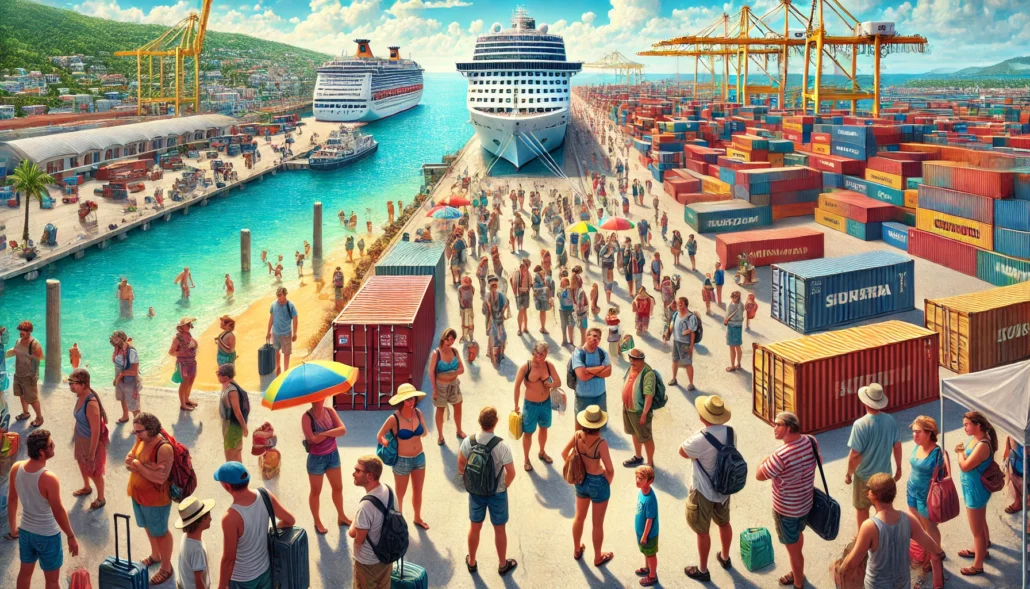 Crowded dock scene with two cruise ships, part of a bustling Caribbean cruise stop, docked beside numerous colorful shipping containers. Many passengers walk along the pier under a sunny sky, some holding luggage and wearing summer attire. Cranes and a town are visible in the background.