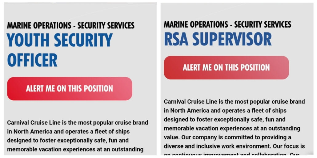 Carnival job ads showcase Marine Operations - Security Services. On the left, a Youth Security Officer position with an "Alert Me on This Position" button. On the right, an RSA Supervisor role features a similar red button. Both security roles promise rewarding careers within Carnival Cruise Line.