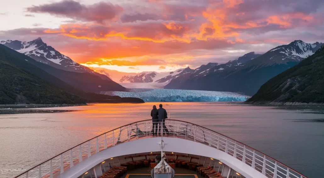 A couple stands on the bow of a ship, cruising through the serene Alaska Inside Passage. They gaze at a glacier under a colorful sunset sky, framed by snow-capped mountains and calm waters. The scene captures the tranquility and grandeur of this breathtaking natural landscape.