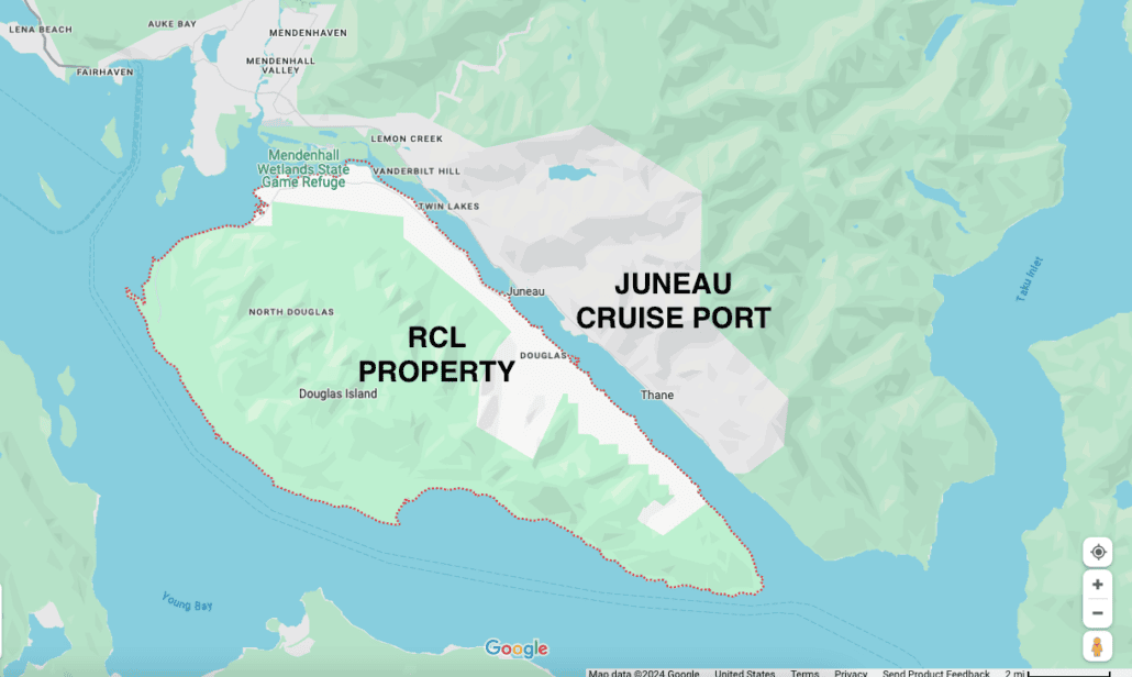 Map depicting the Juneau area in Alaska. Highlights include the Mendenhall Wetlands State Game Refuge, RCL Property on Douglas Island, and the bustling Juneau Cruise Terminal with its downtown congestion.