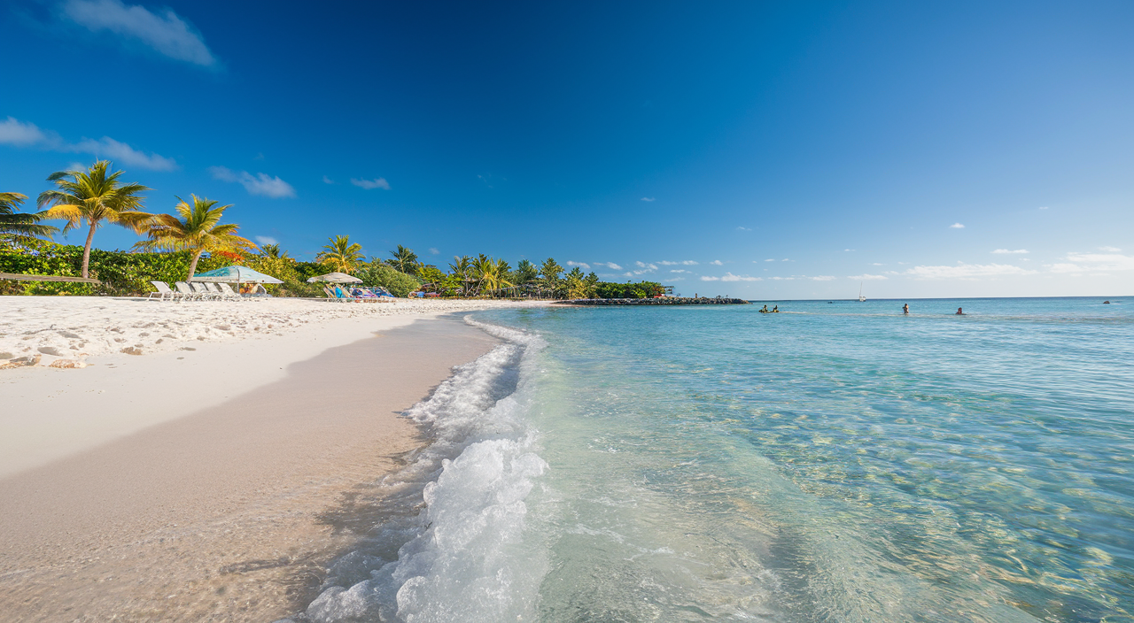 A sunny beach scene near the Grand Cayman cruise port features clear blue skies, palm trees, and turquoise waters. Gentle waves wash onto the sandy shore as people swim and relax in the background.