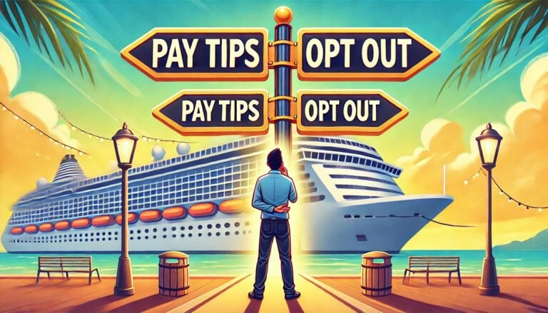 Illustration of a passenger standing on a dock facing a large cruise ship with two directional signs above them. Each sign reads "PAY TIPS" and "OPT OUT," hinting at the debate over cruise gratuity charges. Palm trees and lamp posts line the dock under a colorful sky.