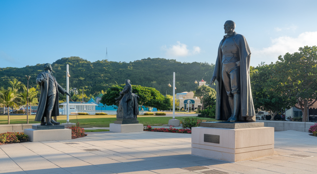 Amidst a backdrop of lush greenery and distant hills, three statues of historical figures stand proudly on pedestals at the plaza near the Grand Cayman cruise port. Gardens and a few buildings complete the serene scene under a clear blue sky.