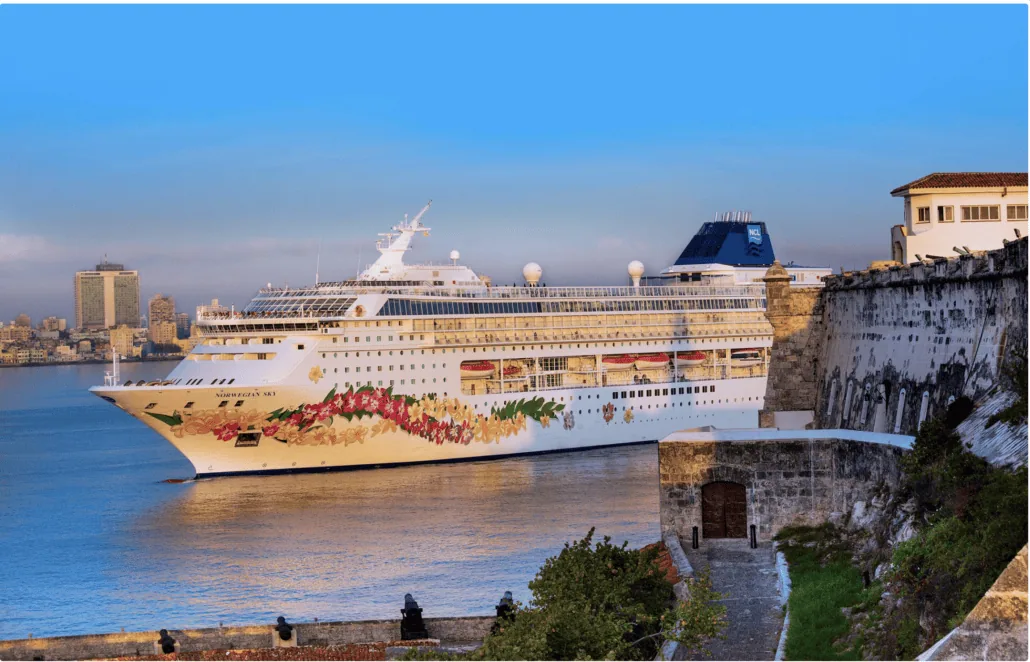 A large cruise ship with floral designs, involved in the Havana Docks Case, is docked near a stone fortification on a calm body of water. The skyline of a city with tall buildings is visible in the background, under a clear blue sky.