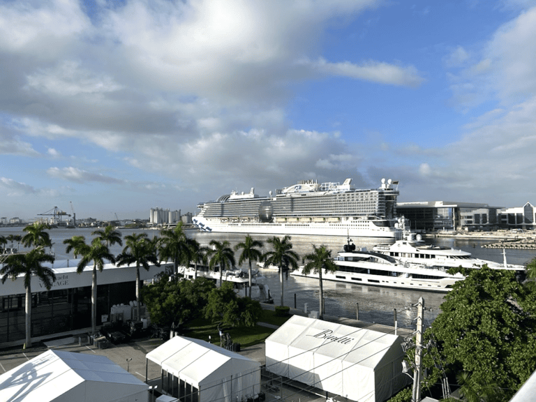 A large cruise ship, the Sun Princess by Princess Cruises, docked at a port surrounded by smaller yachts. The scene features palm trees, waterfront buildings, and a partly cloudy sky—a classic setting for Caribbean Voyages.