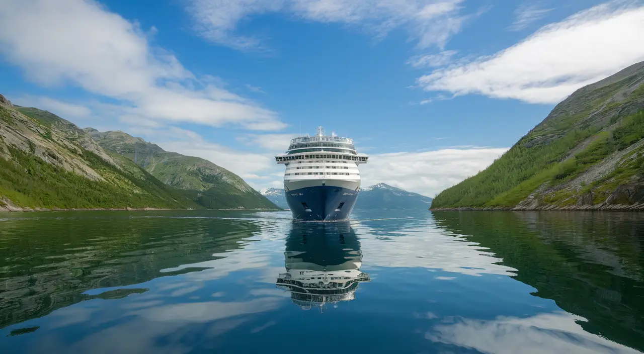 A cruise ship sails through the calm fjord of the Inside Passage, flanked by green mountains under a partly cloudy sky. The ship's reflection shimmers in the clear water, while snow-capped peaks rise majestically in the background, epitomizing the serene allure of Alaska Cruises.