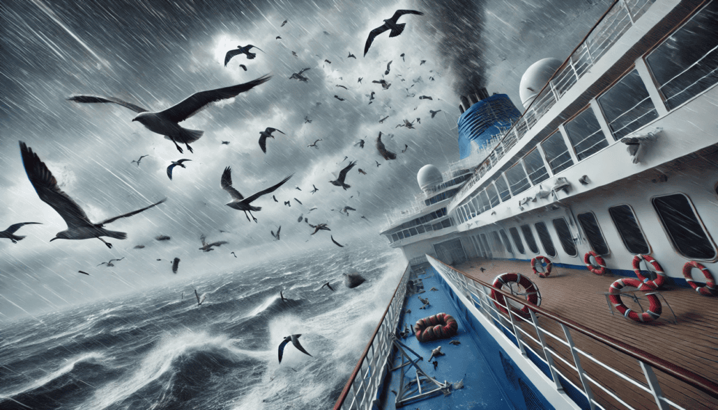 A large cruise ship battles the wrath of Hurricane Milton, navigating stormy seas with heavy rain and towering waves. Seagulls bravely flit near the vessel, their forms stark against dark clouds that blanket the sky, while lifebuoys are securely fastened on deck.
