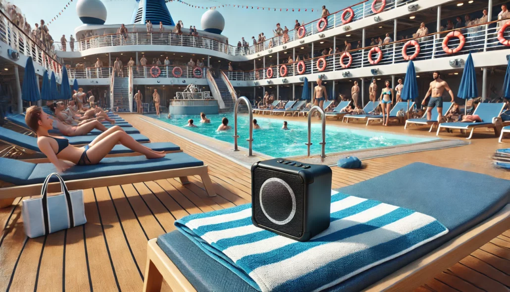 The cruise ship pool deck buzzes with passengers lounging on chairs and swimming. A portable speaker rests on a towel-draped chair in the foreground. Blue and white lifebuoys adorn the railings, as sun umbrellas offer shade for cruisers soaking up the scene.