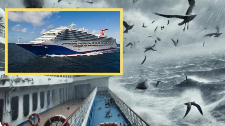 A cruise ship sails through calm waters under a sunny sky, juxtaposed against a larger image depicting the turmoil of Hurricane Milton with numerous birds soaring amidst the stormy seas on deck.