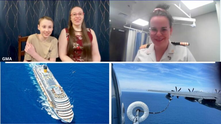 A collage of three images captures the essence of connection: two people smiling at a webcam, a person in uniform during a video call, and two large transport marvels—a Carnival Cruise ship sailing the ocean and an aircraft mid-air, showcasing the art of seamless passenger rescue.