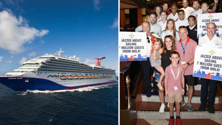 Split image: Left shows a large cruise ship, the Carnival Valor, sailing in the ocean under a clear blue sky. Right depicts a group of people smiling, holding signs reading "Jazzed about sailing 7 million guests with Carnival from New Orleans!" and posing on a staircase.