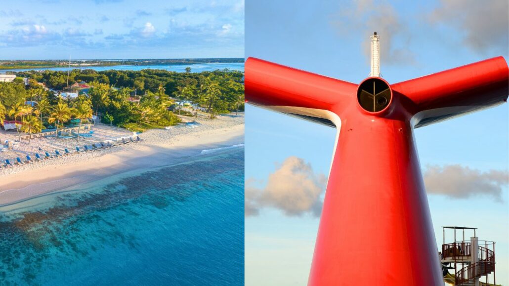 A split image shows a tropical beach on the left, lined with palm trees and beach chairs, while a red cruise ship funnel dominates the right against a blue sky, alluding to an unexpected twist where a cruise passenger was arrested amidst paradise.