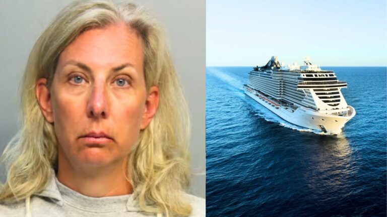 A mugshot of a woman with light hair, possibly a mother, wearing a gray top is on the left. On the right, an aerial view captures a large white cruise ship gracefully sailing on the open sea.
