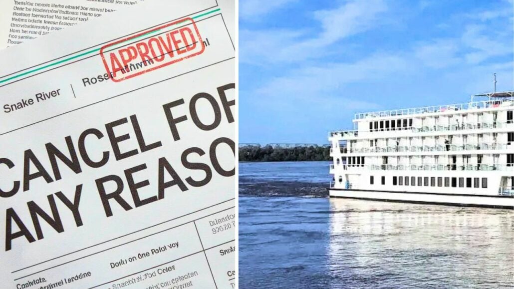 A split image reveals a document with "Cancel for any reason" and "Approved" stamped on the left, highlighting a flexible cancellation policy, while on the right, a magnificent white cruise ship from a renowned cruise line sails gracefully on a river under the vivid blue sky.