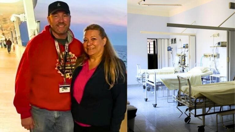 A man in a red hoodie and his daughter in a black jacket stand on a ship deck at sunset on the left. On the right, there is an empty hospital room with two beds and medical equipment.