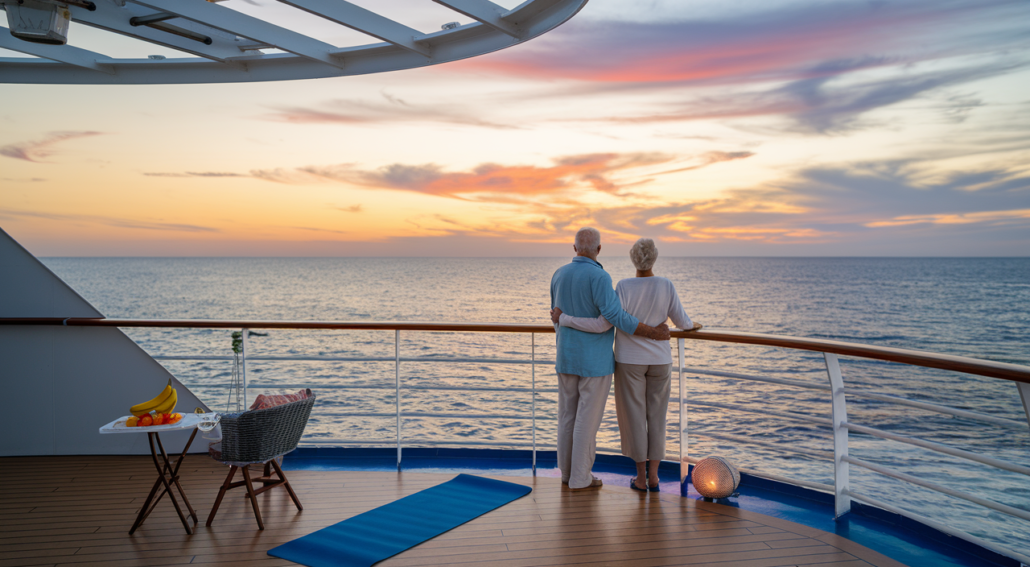 An elderly couple stands arm-in-arm on a cruise ship deck, cruising into the sunset. As they marvel at the vibrant ocean view, a table nearby holds a bowl of fruit, and a yoga mat is laid out—reminding them of how scientists discover ways to embrace the slow aging process.