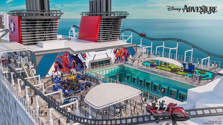 The image shows a top deck of a cruise ship with roller coasters, a pool, and themed decorations. The sea and clear sky are in the background. The area is bustling with various rides and activities.