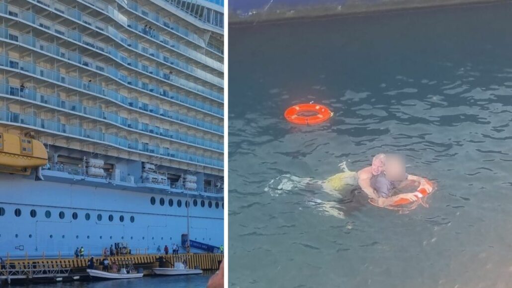 A large cruise ship is docked at a harbor, bustling with people on deck. In the water, one person clings to a life preserver ring while another floats nearby, as if safeguarding an auto draft rescue mission unfolding amidst the waves.