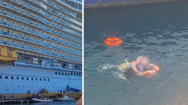 A large cruise ship is docked at the port as several people gather on the pier. In the water, an individual is floating with a life preserver, accompanied by another nearby life ring. It creates a lively scene of adventure and safety measures in place for all aboard.