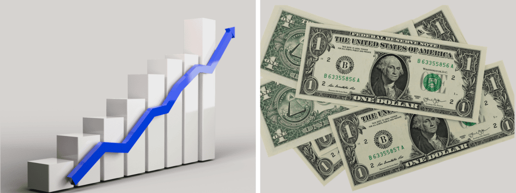 A graph with white bars and a rising blue line on the left, juxtaposed with four one-dollar bills on the right, suggests financial growth akin to a cruise line's upward trajectory in revenue.