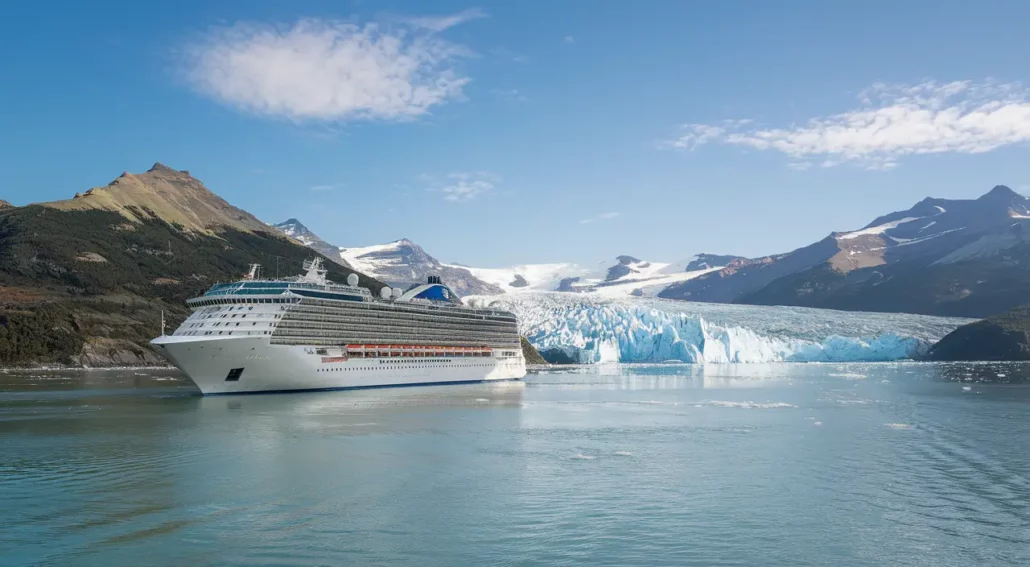 A large cruise ship sails in calm water near a glacier under a clear blue sky along the breathtaking Alaska Inside Passage. Snow-capped mountains tower in the background, offering a scenic view of nature and travel adventures at sea.