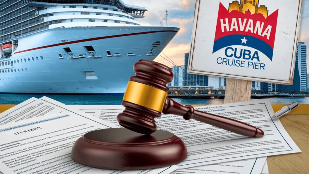 A cruise ship is docked at a pier with a sign reading "Havana Cuba Cruise Pier." In the foreground, documents are scattered under a judge's gavel on a stand. The scene suggests legal matters tied to the Havana Docks Case involving major cruise lines and the US Appeals Court.