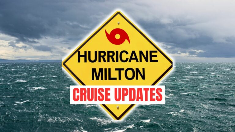 A stormy ocean backdrop with dark clouds showcases a yellow warning sign bearing a red hurricane symbol. "Hurricane Milton" is prominently displayed in black, with "Cruise Itinerary Changes" in bold red below, signaling important updates for travelers.