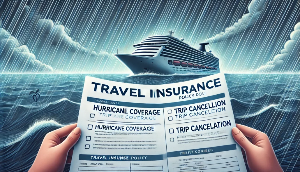 A person clutches a trip insurance policy that includes hurricane coverage and trip cancellation, as a cruise ship battles heavy rain and dark clouds. It's essential for those cruising during hurricane season to be prepared for unexpected weather challenges.
