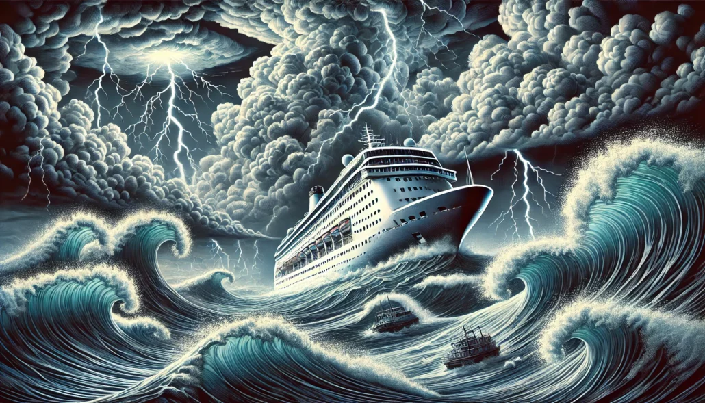 A large cruise ship navigates turbulent ocean waters during hurricane season under a stormy sky. Towering waves crash around the ship as lightning bolts illuminate thick, swirling clouds above, creating a dramatic and intense scene that underscores the importance of trip insurance.